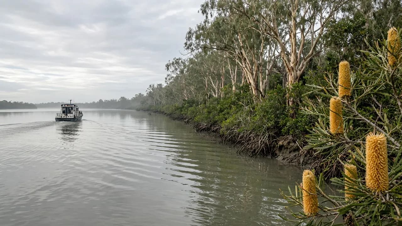 Calm passage water and mangrove edge around Bribie Island
