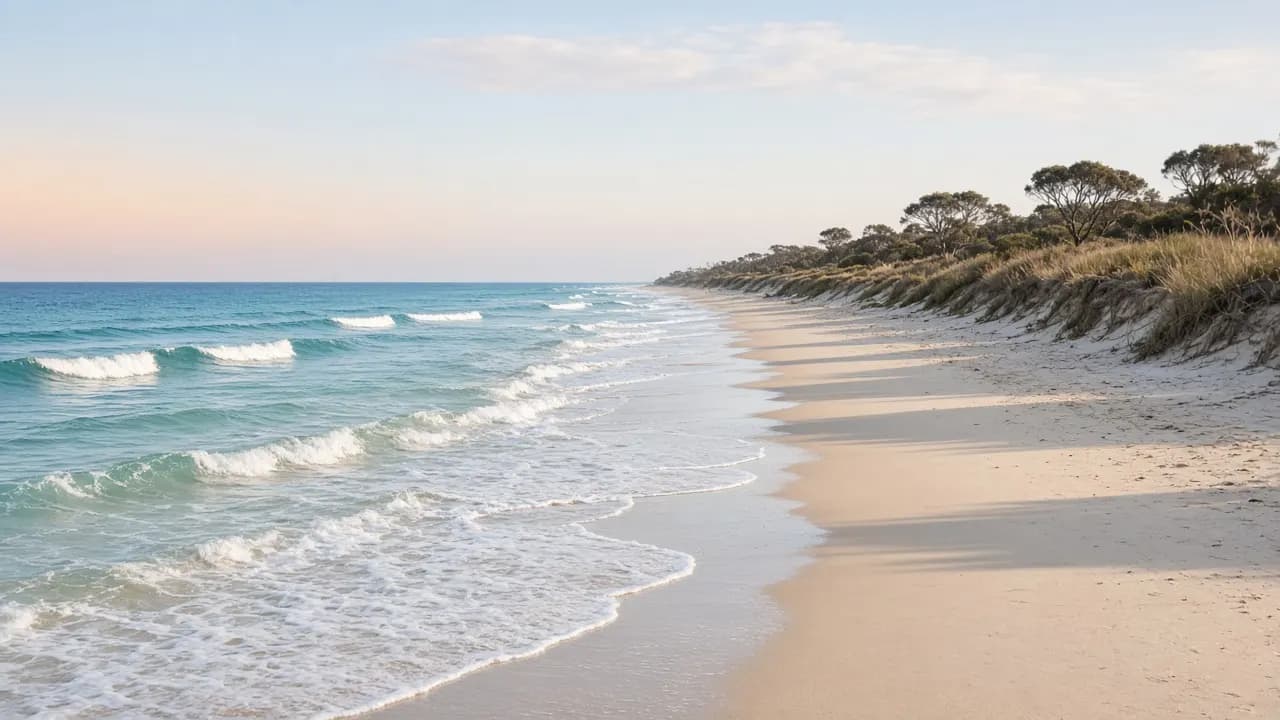 Long pale surf beach and low vegetated dunes at Woorim on Bribie Island